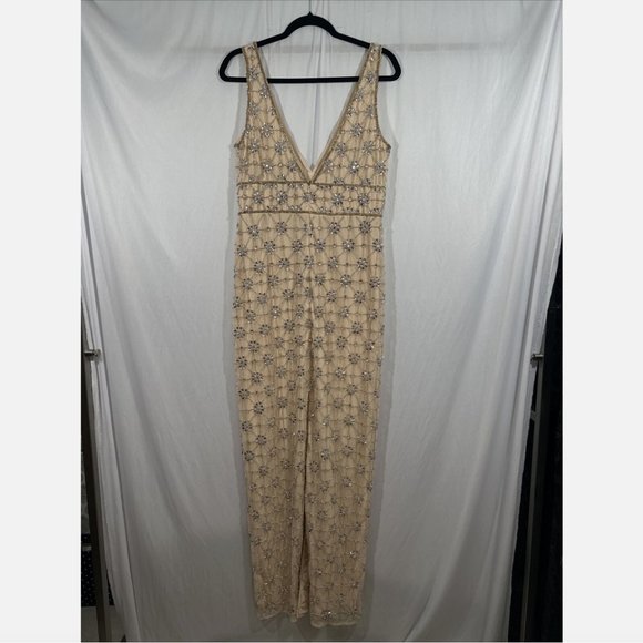 NWT $598 Mac Duggal [ 10 ] Sleeveless Beaded Floral V Neck Gown Nude Silver Q611 - Picture 12 of 16
